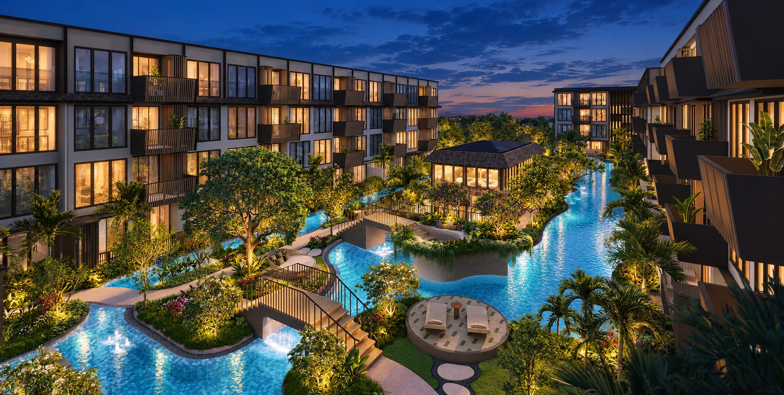 Courtyard with a winding lagoon pool, footbridges, pavilion and landscaped gardens between low-rise blocks, visualisation