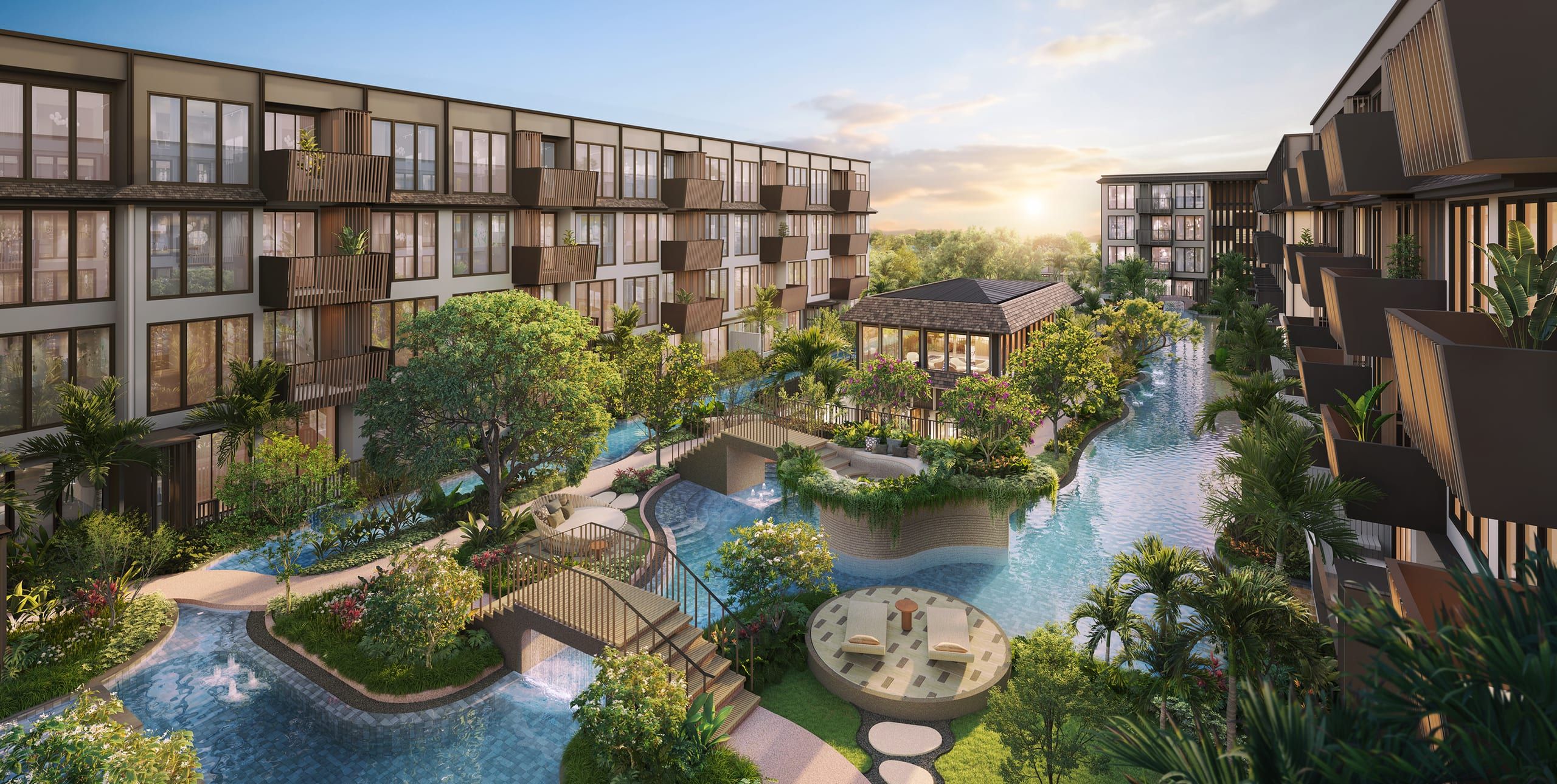 Courtyard with a winding lagoon pool, footbridges, pavilion and landscaped gardens between low-rise blocks, visualisation