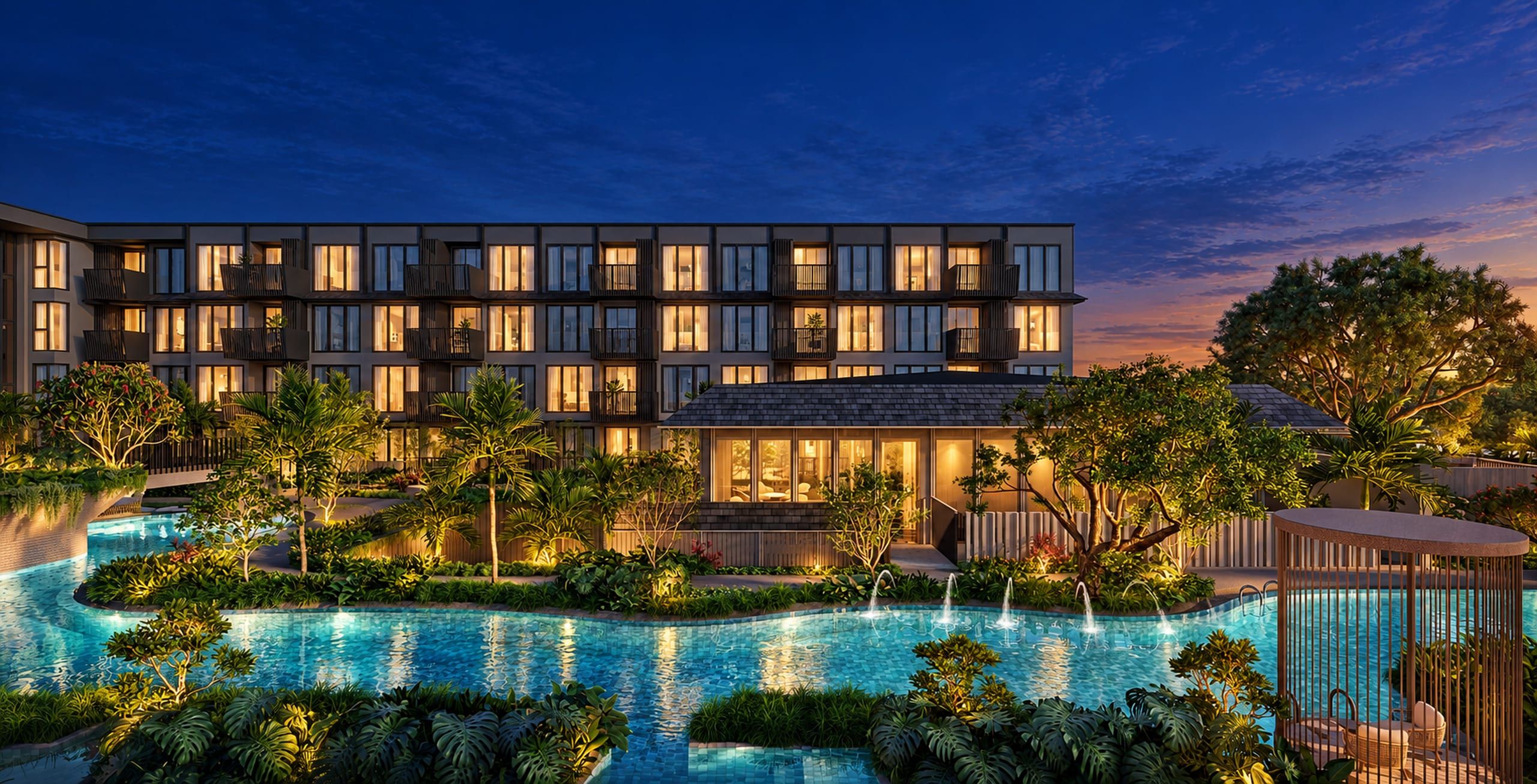 Lagoon pool with fountains and lush planting in front of a low-rise residential block and a glazed pavilion, visualisation