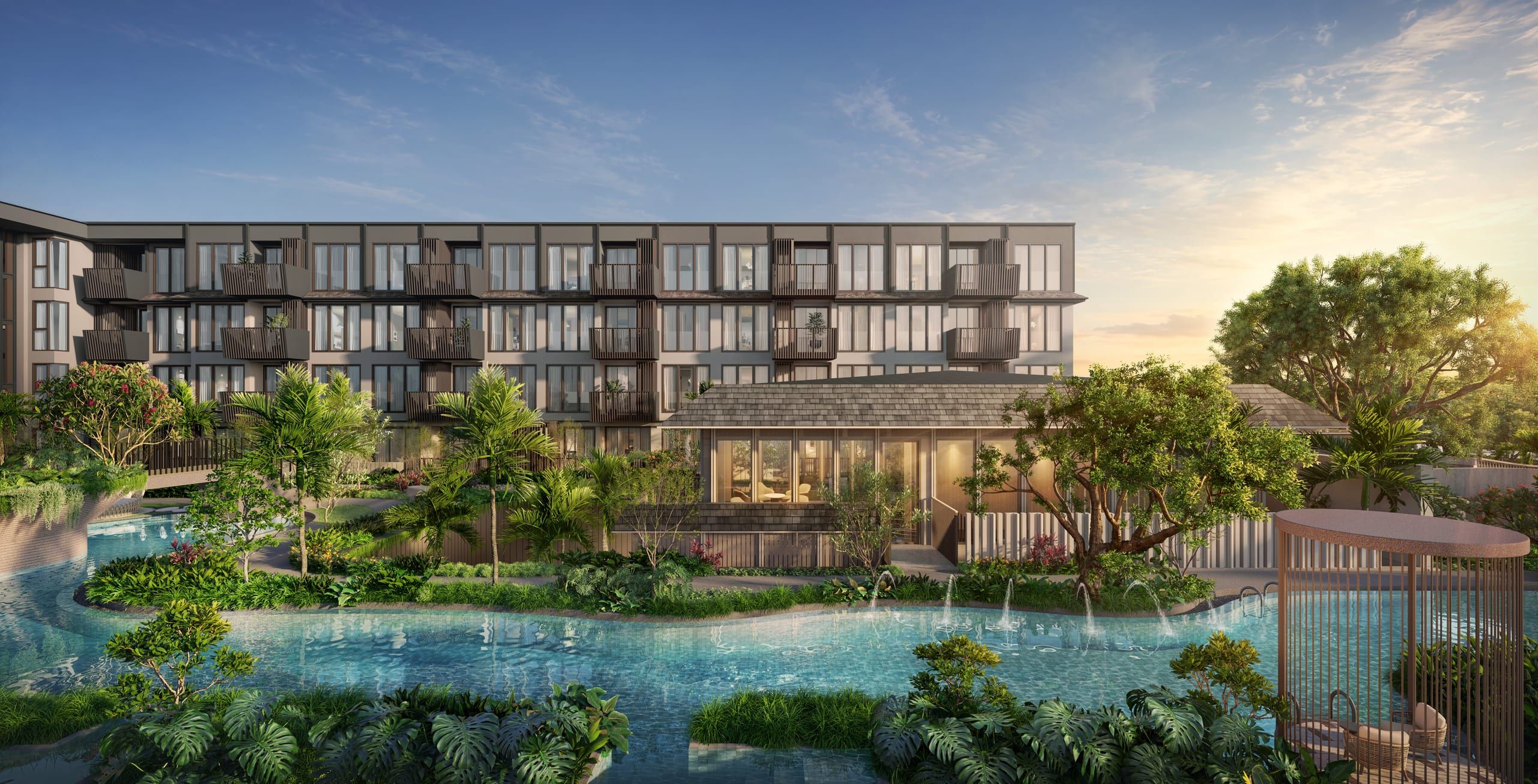Lagoon pool with fountains and lush planting in front of a low-rise residential block and a glazed pavilion, visualisation