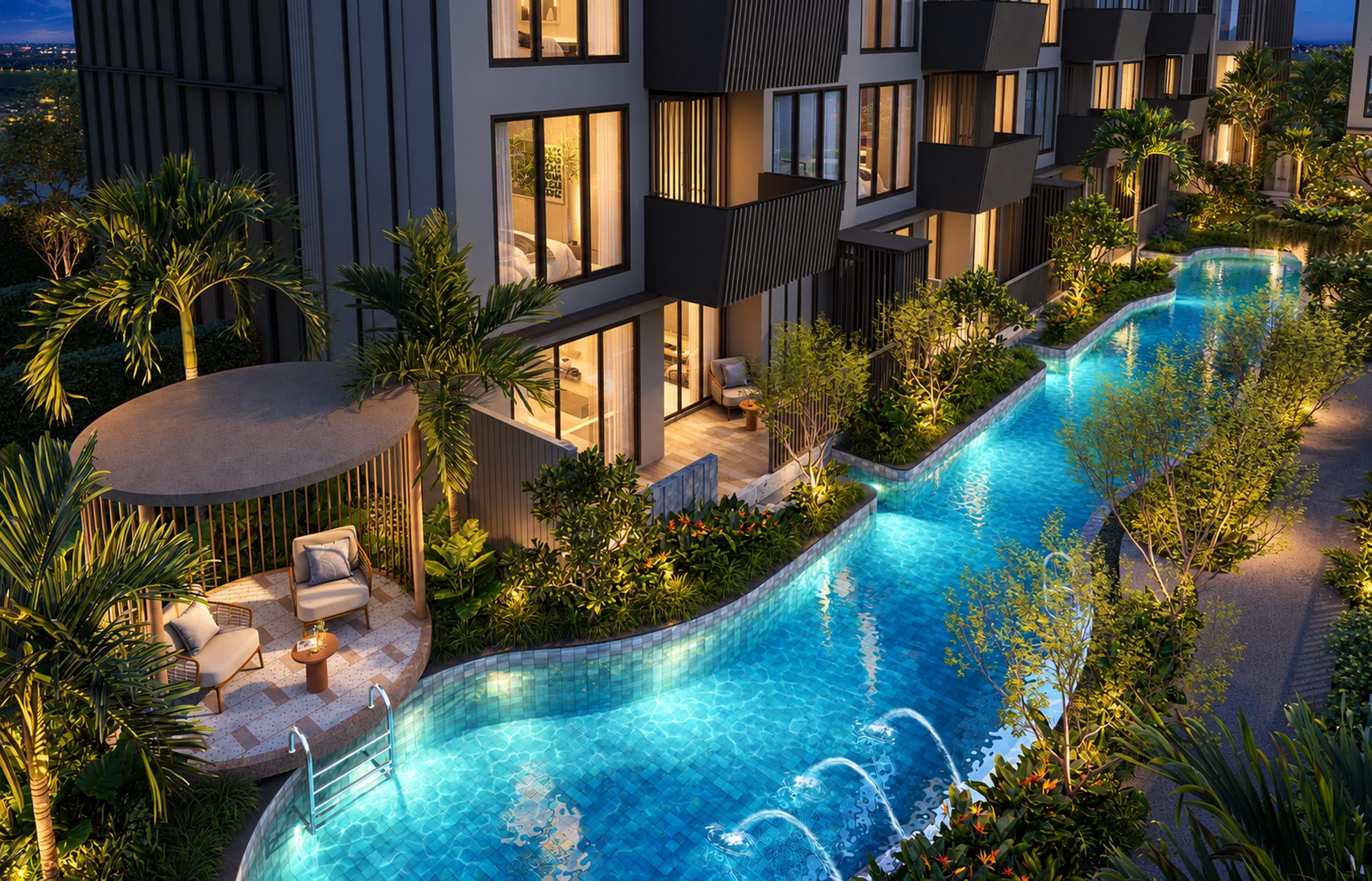 Narrow lagoon pool beside ground-floor apartments with a private terrace, round cabana, loungers and fountains, visualisation
