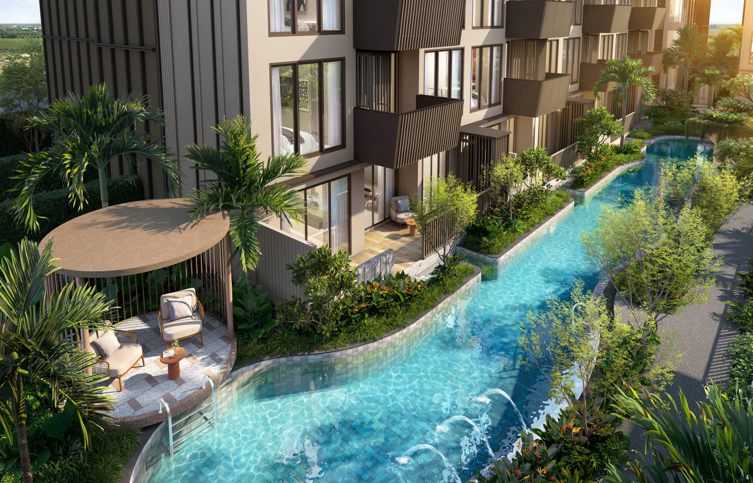 Narrow lagoon pool beside ground-floor apartments with a private terrace, round cabana, loungers and fountains, visualisation