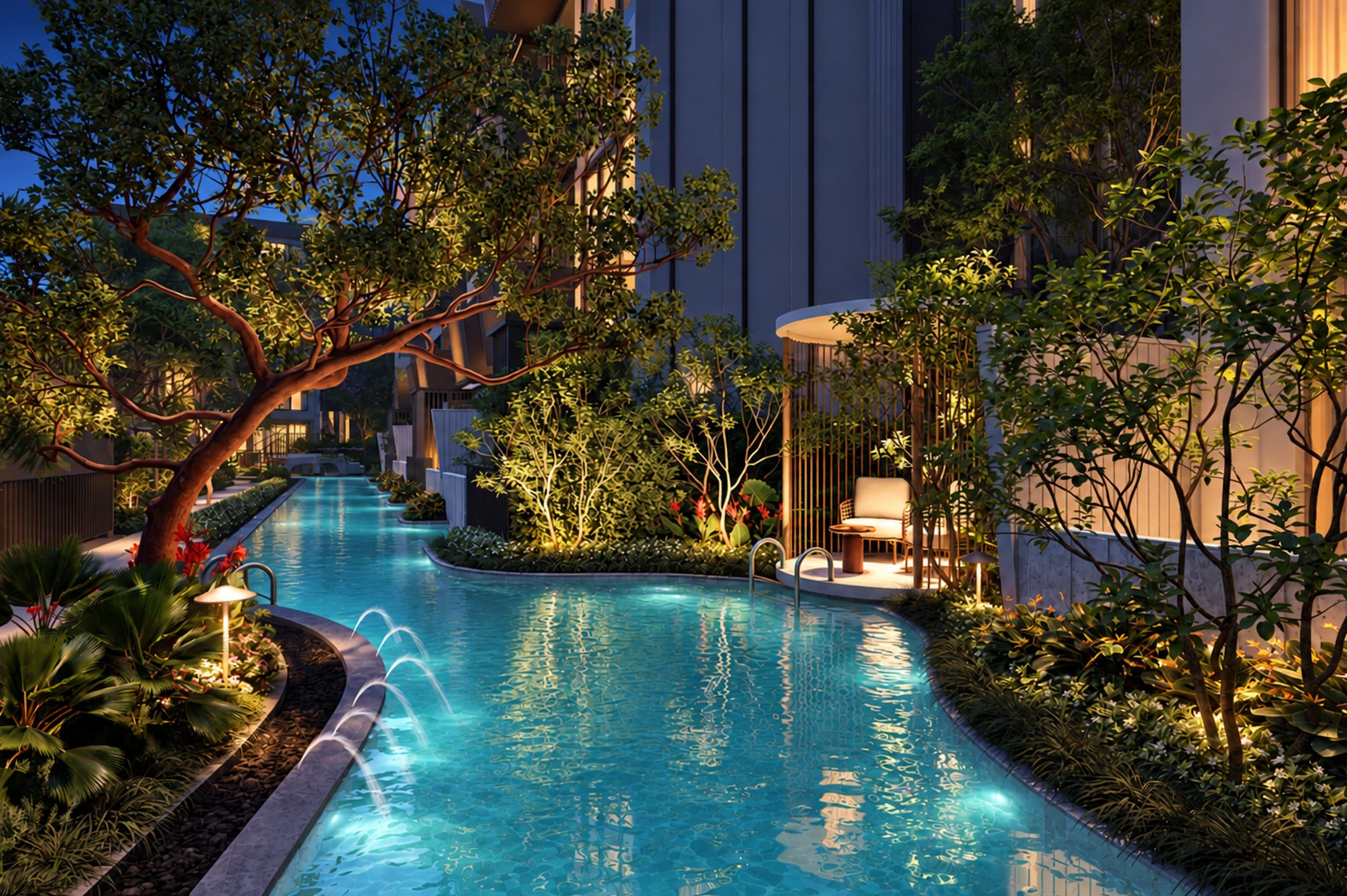 Lagoon pool running between garden planting and building facades, with a cabana with armchair and garden lights, visualisation