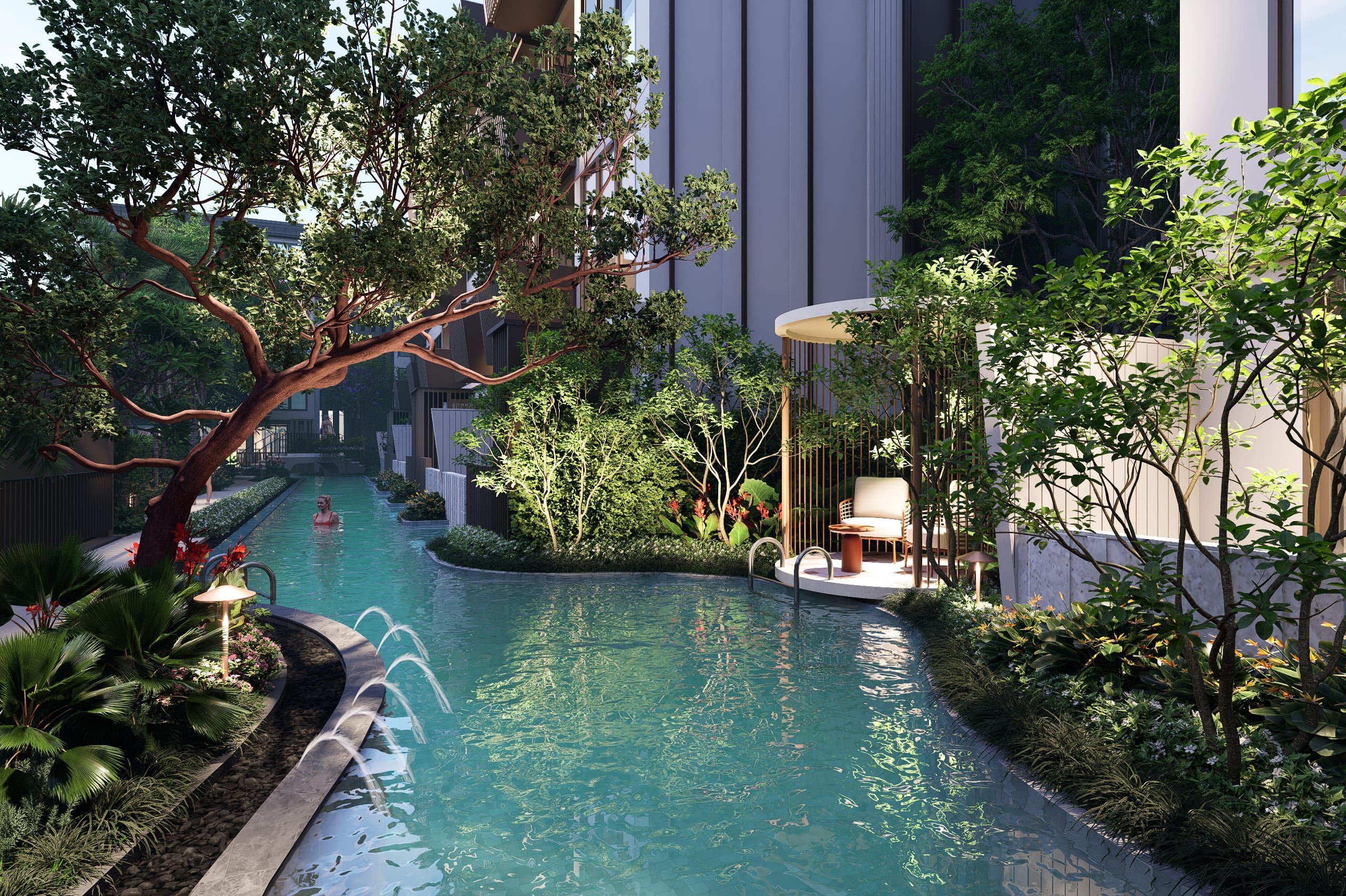 Lagoon pool running between garden planting and building facades, with a cabana with armchair and garden lights, visualisation