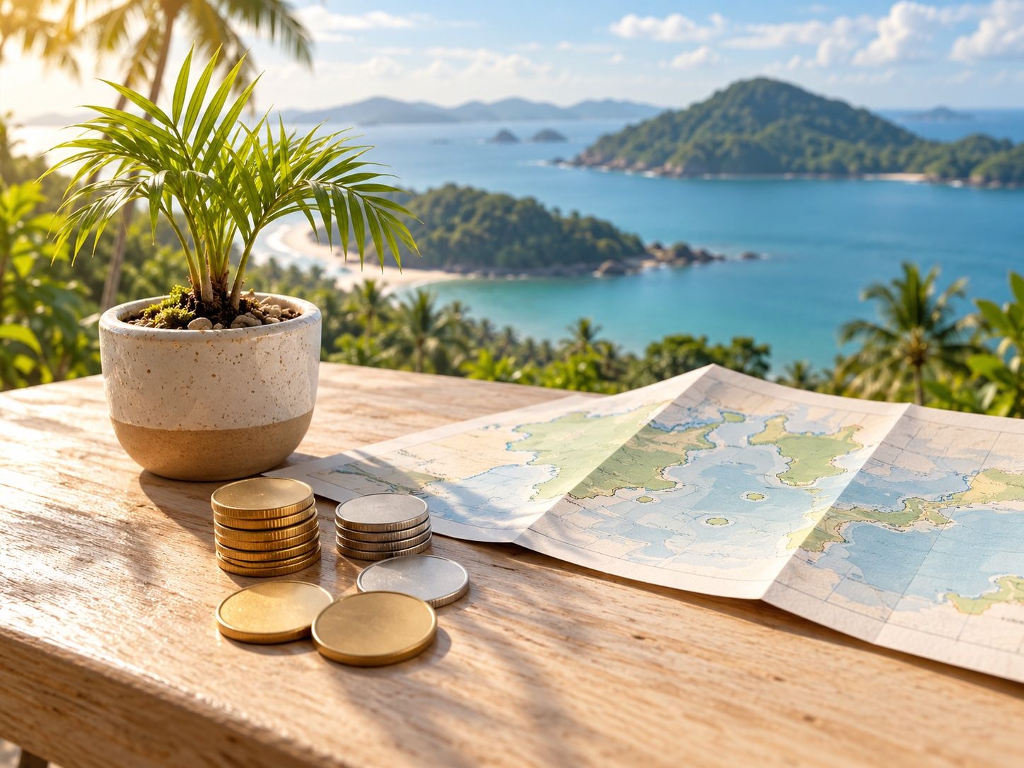 Stack of gold and silver coins beside a small potted palm and a paper map, currency exchange concept, illustration