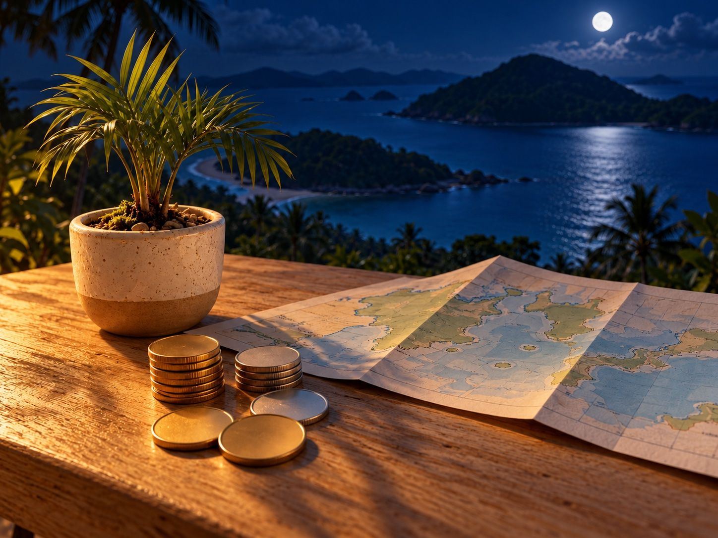 Stack of gold and silver coins beside a small potted palm and a paper map, currency exchange concept, illustration
