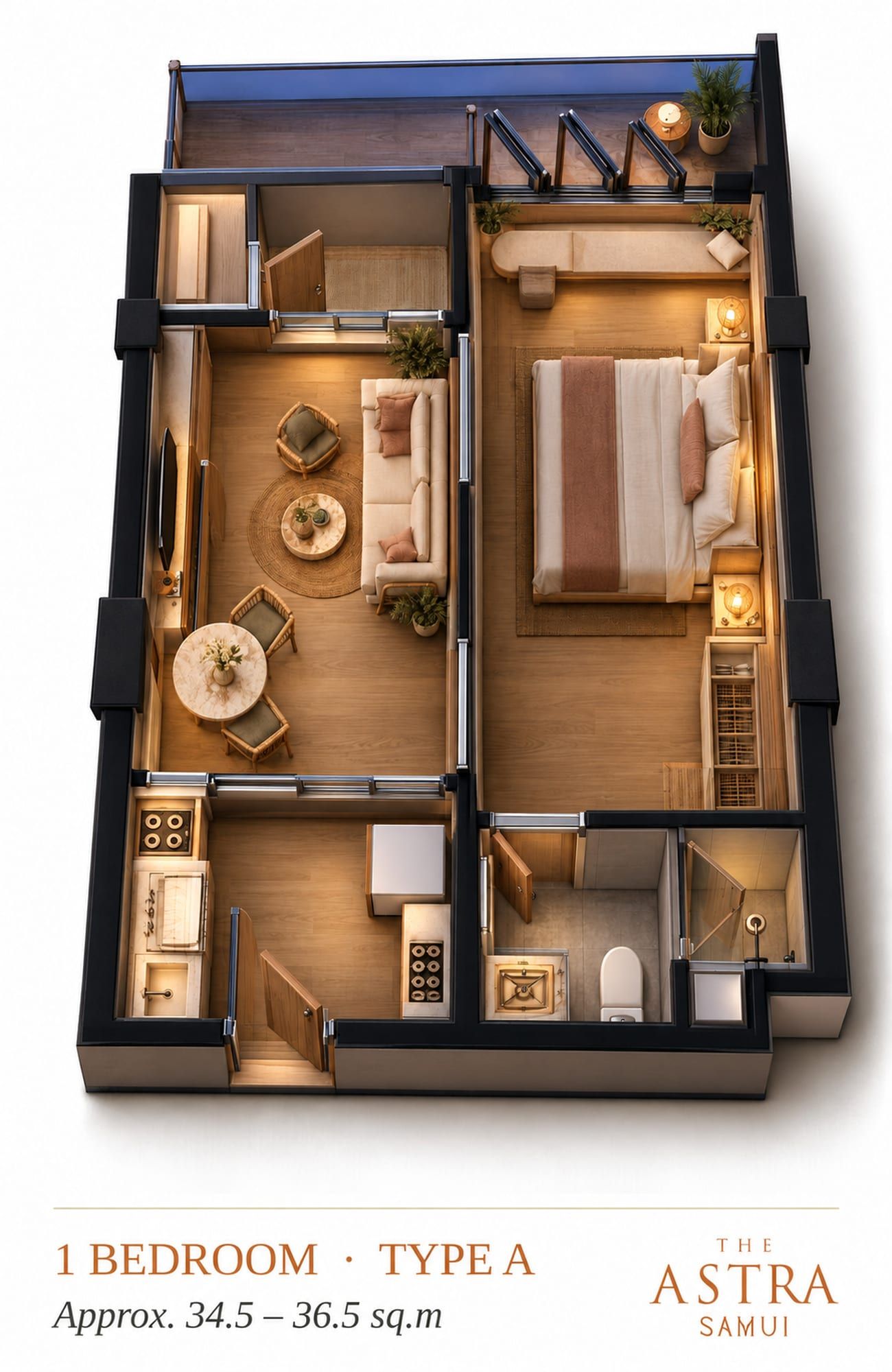 Furnished 3D cutaway plan of a 1-bedroom apartment, layout A, with living area, bedroom, pantry kitchen, bathroom and balcony