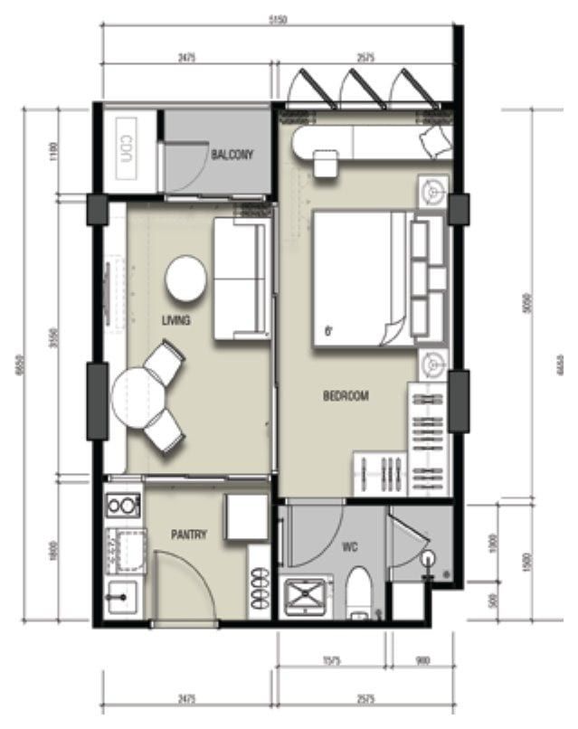 Technical 2D floor plan of a 1-bedroom apartment, layout A, with labelled living, bedroom, pantry, WC and balcony