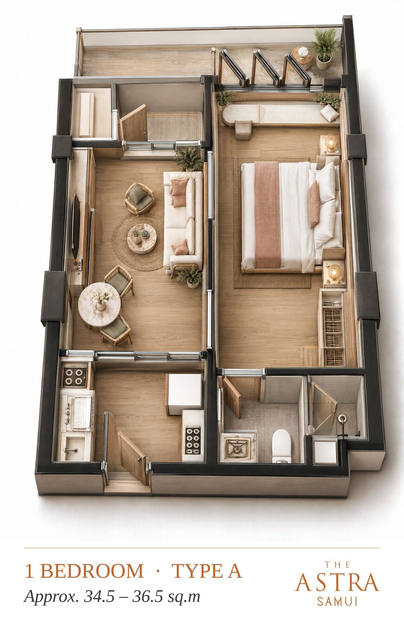 Furnished 3D cutaway plan of a 1-bedroom apartment, layout A, with living area, bedroom, pantry kitchen, bathroom and balcony