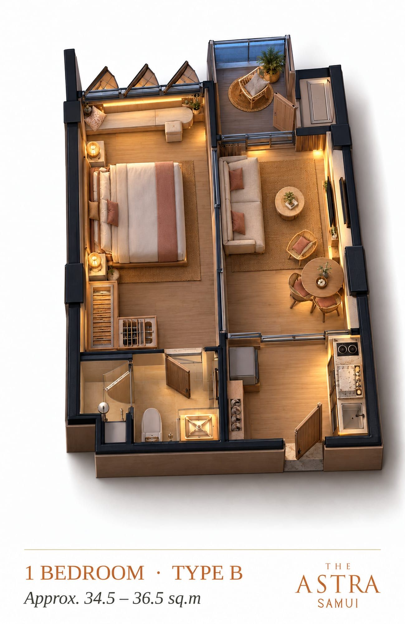 Furnished 3D cutaway plan of a 1-bedroom apartment, layout B, with bedroom, living area, pantry kitchen, bathroom and balcony