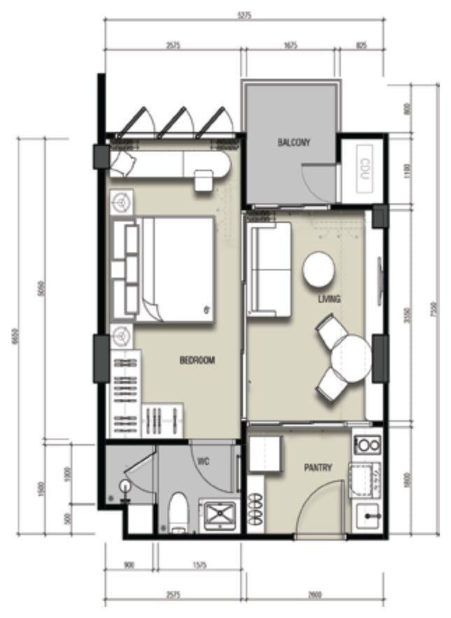 Technical 2D floor plan of a 1-bedroom apartment, layout B, with labelled bedroom, living, pantry, WC and balcony