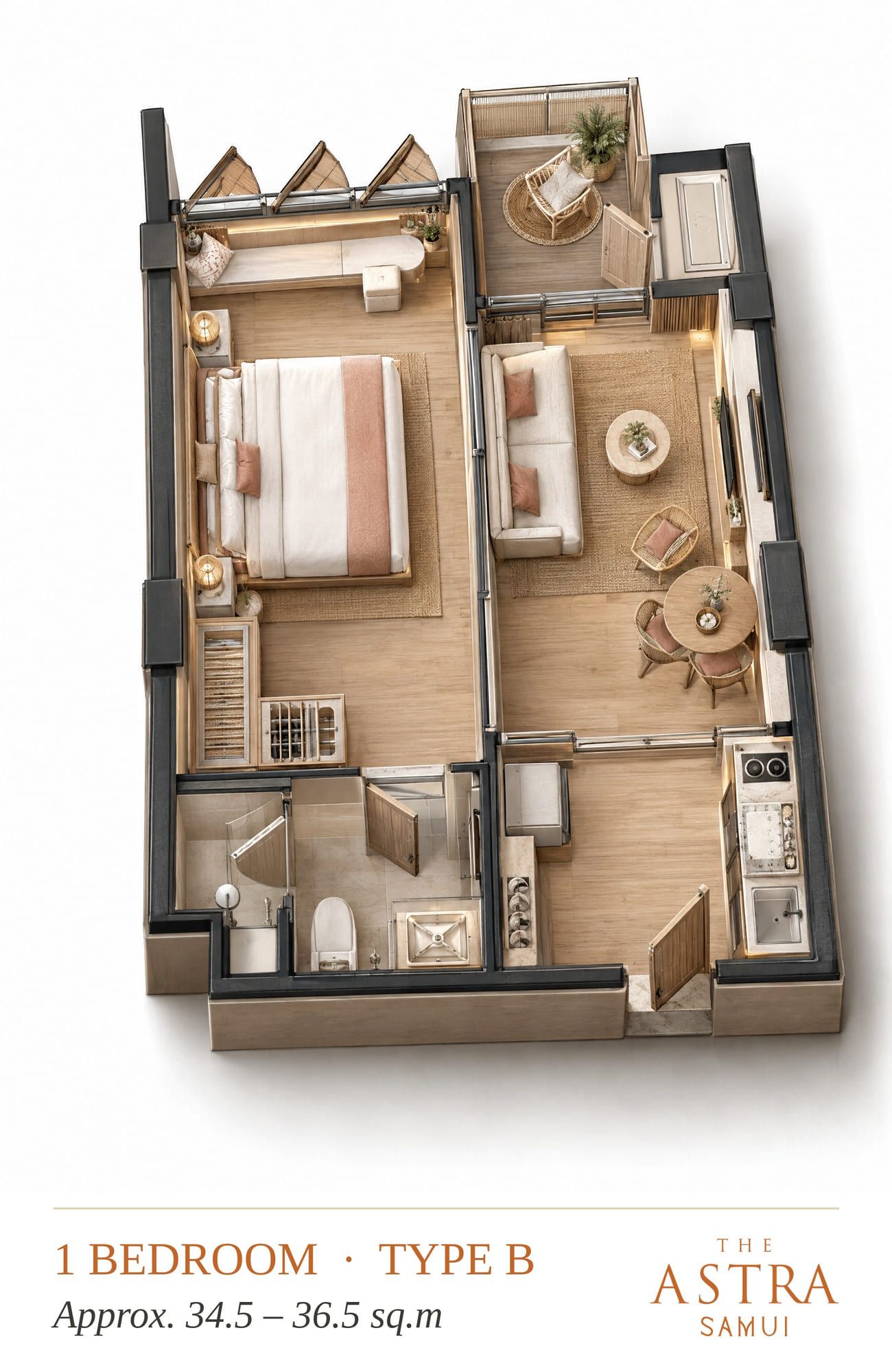 Furnished 3D cutaway plan of a 1-bedroom apartment, layout B, with bedroom, living area, pantry kitchen, bathroom and balcony