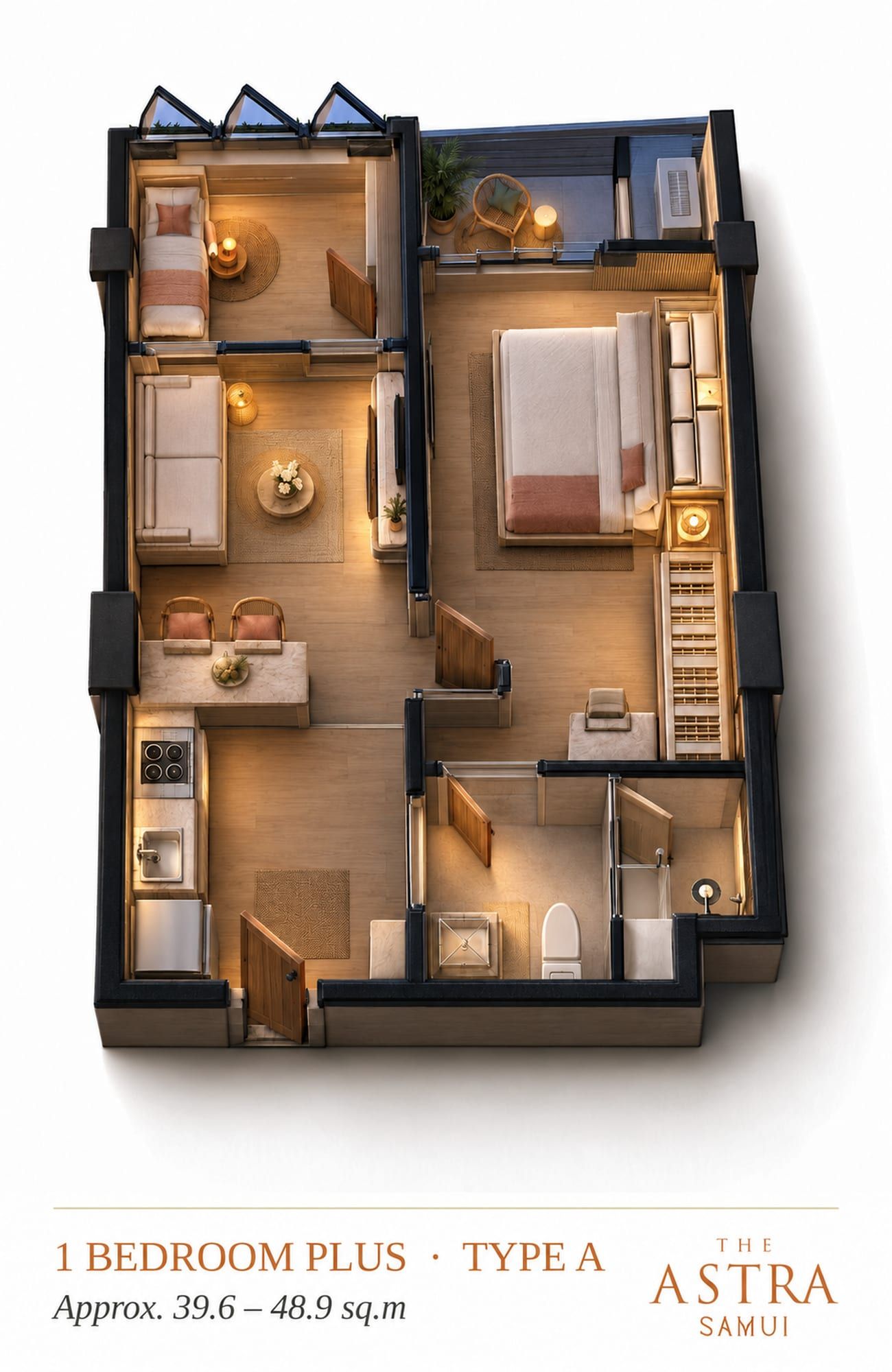 Furnished 3D cutaway plan of a 1-bedroom plus apartment, layout A, with a small second room, living area, kitchen and bathroom