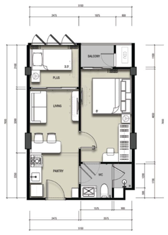Technical 2D floor plan of the 1-bedroom plus, layout A, with living area, pantry kitchen, bedroom, plus room and balcony