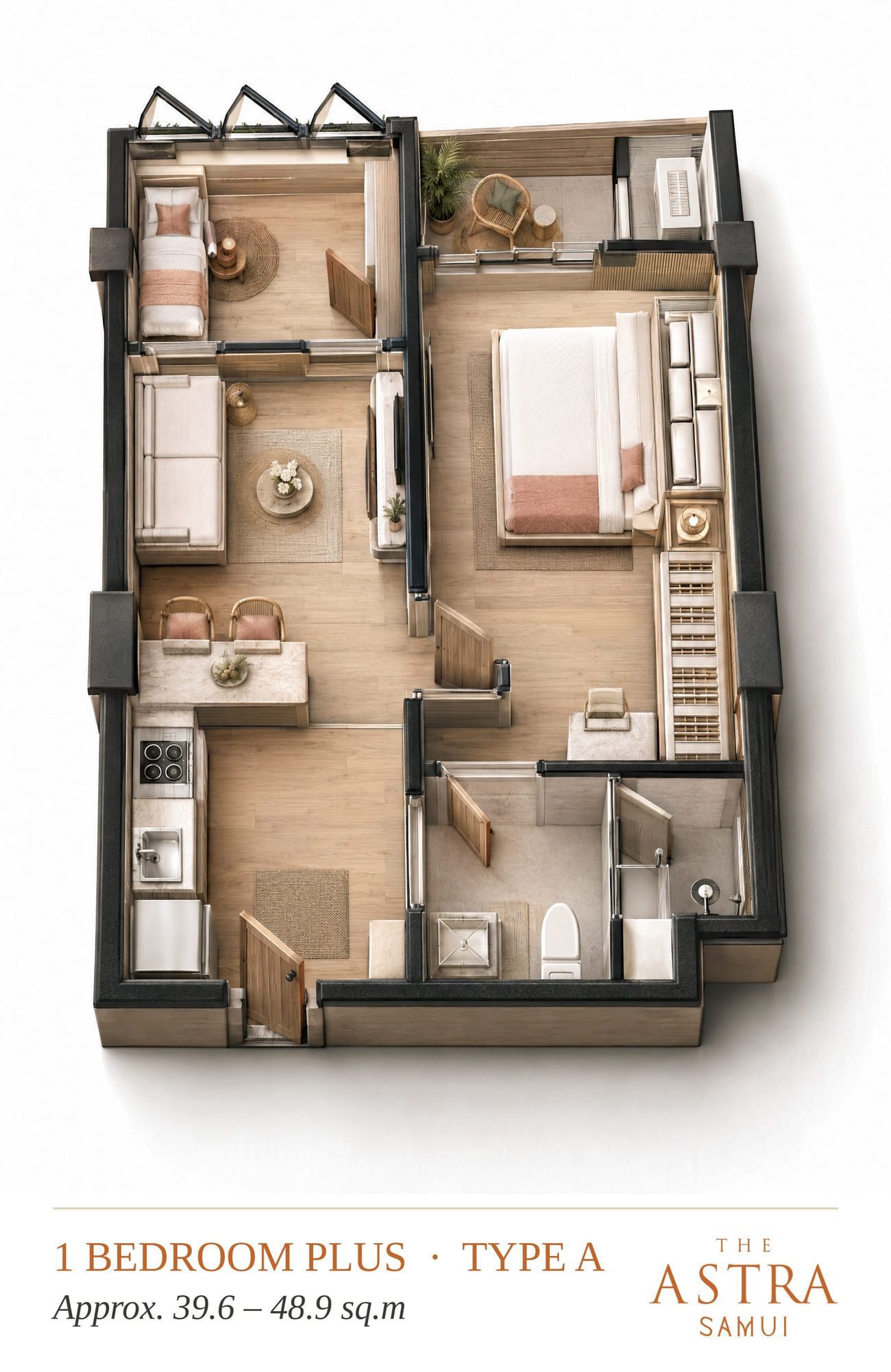 Furnished 3D cutaway plan of a 1-bedroom plus apartment, layout A, with a small second room, living area, kitchen and bathroom