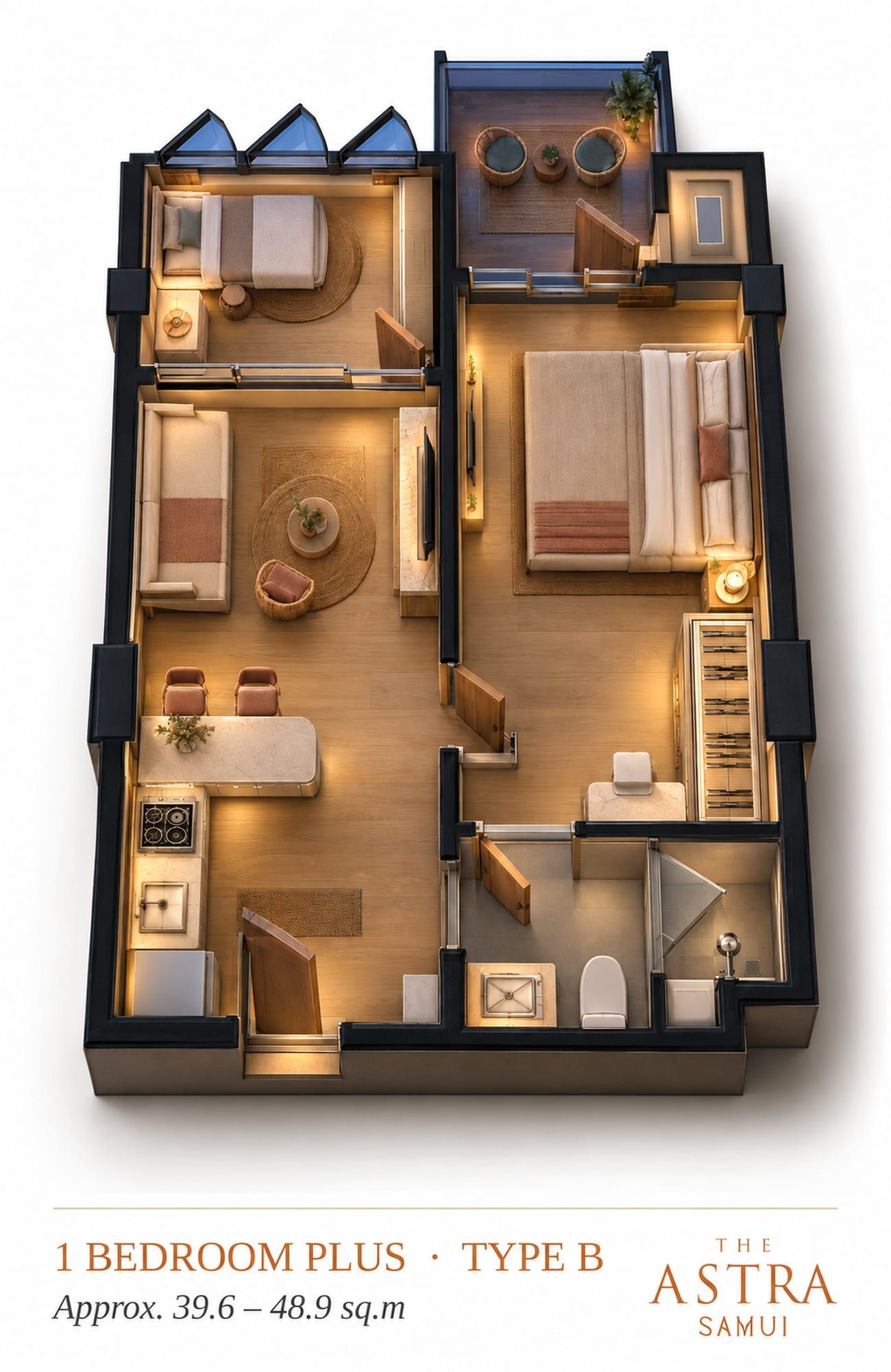 Isometric 3D plan of the 1-bedroom plus, layout B: open living and kitchen area, bedroom, plus room and balcony, visualisation