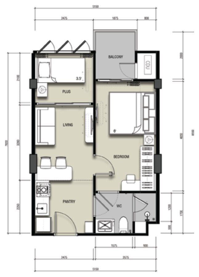 Technical 2D floor plan of the 1-bedroom plus, layout B, with living area, pantry, bedroom, plus room and a large balcony
