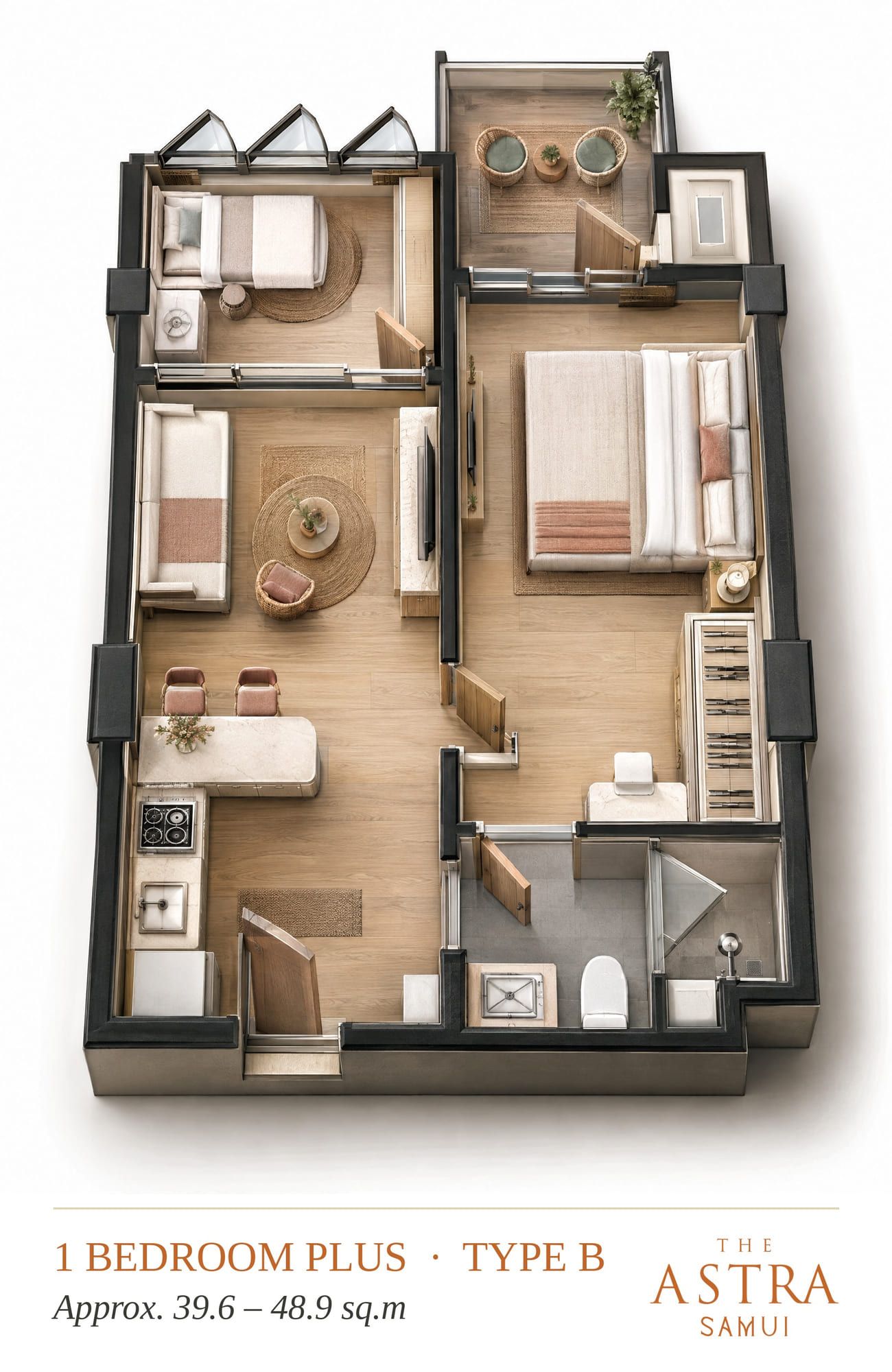 Isometric 3D plan of the 1-bedroom plus, layout B: open living and kitchen area, bedroom, plus room and balcony, visualisation
