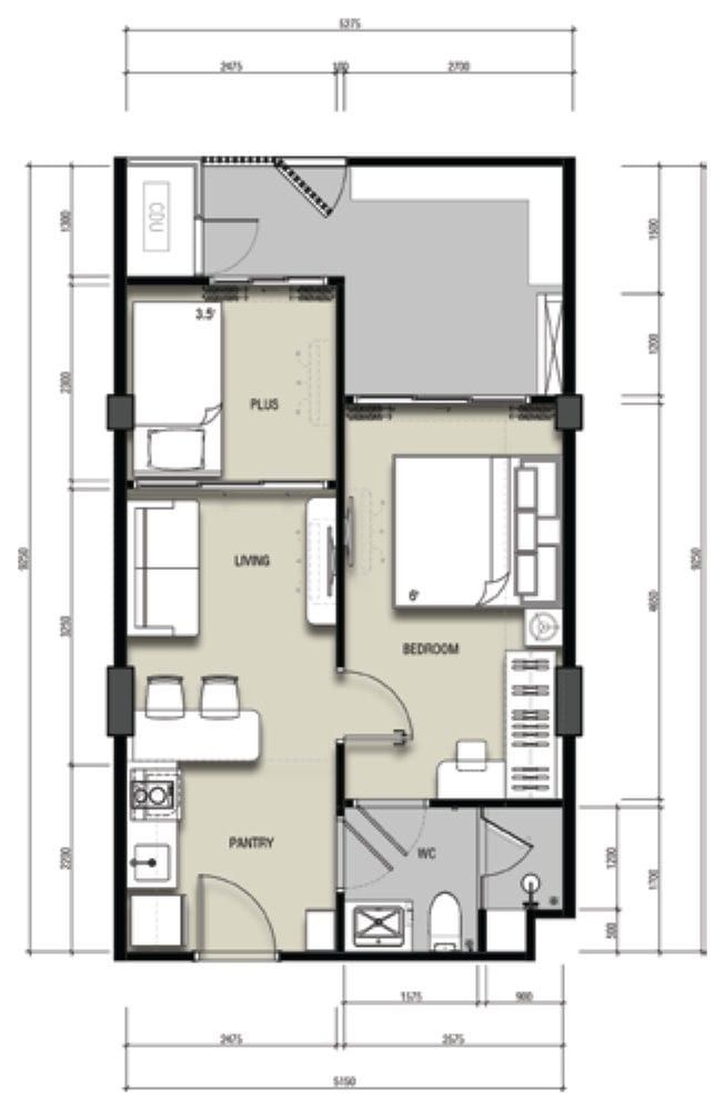 Technical 2D floor plan of the 1-bedroom plus, layout C, with living area, pantry, bedroom, plus room and a wide terrace