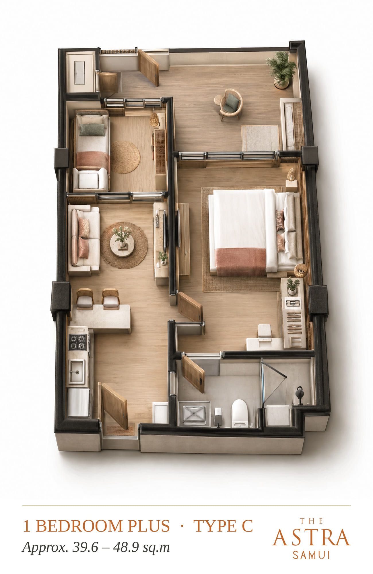 Isometric 3D plan of the 1-bedroom plus, layout C: living and kitchen area, bedroom, plus room and a wide terrace, visualisation