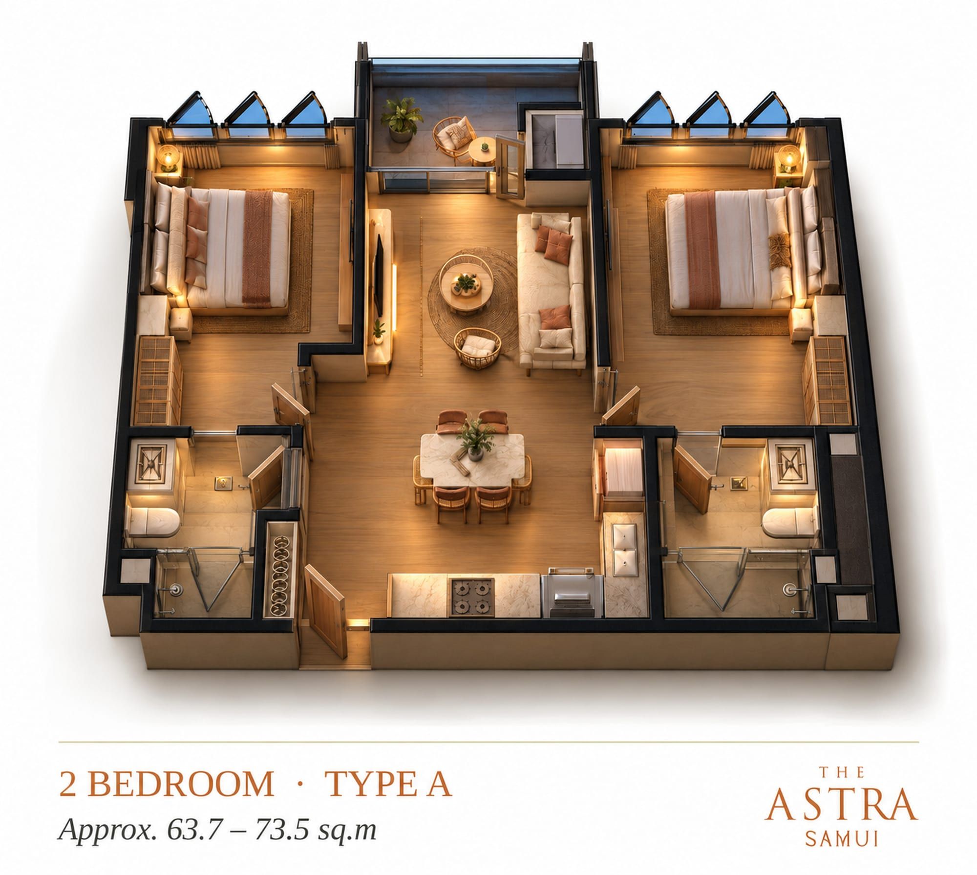Isometric 3D plan of the 2-bedroom, layout A: central living and dining area, two bedrooms with bathrooms, balcony, visualisation