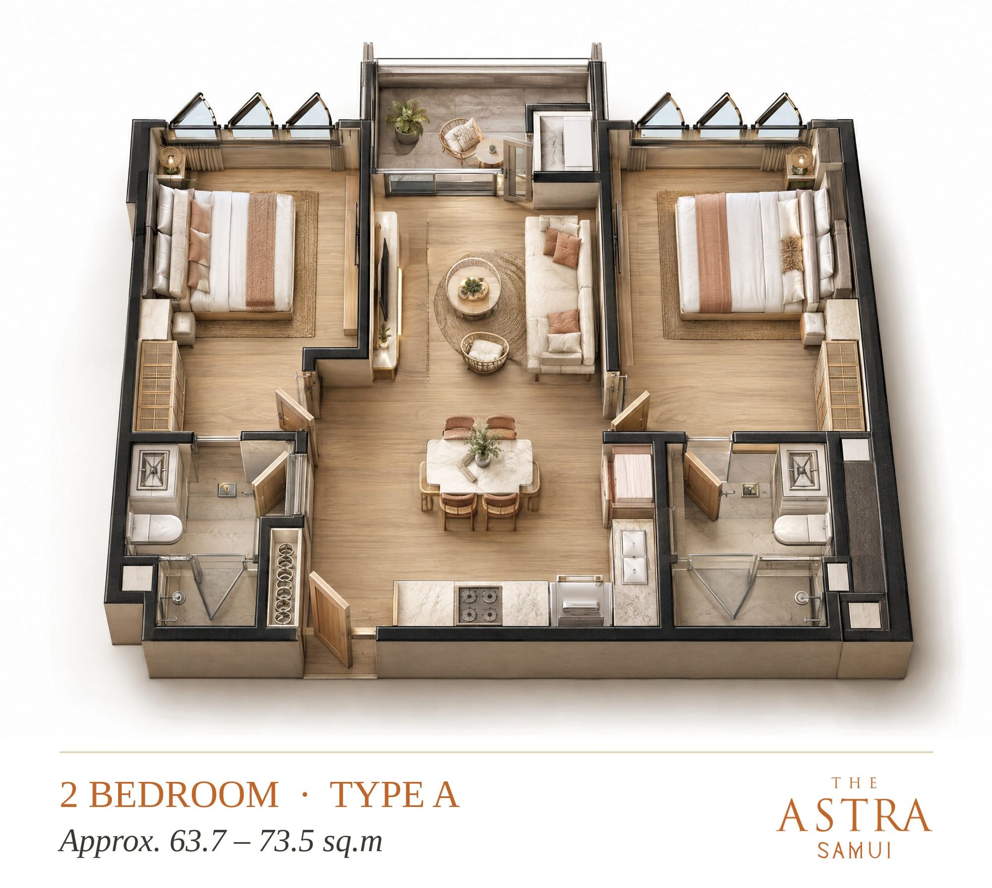 Isometric 3D plan of the 2-bedroom, layout A: central living and dining area, two bedrooms with bathrooms, balcony, visualisation