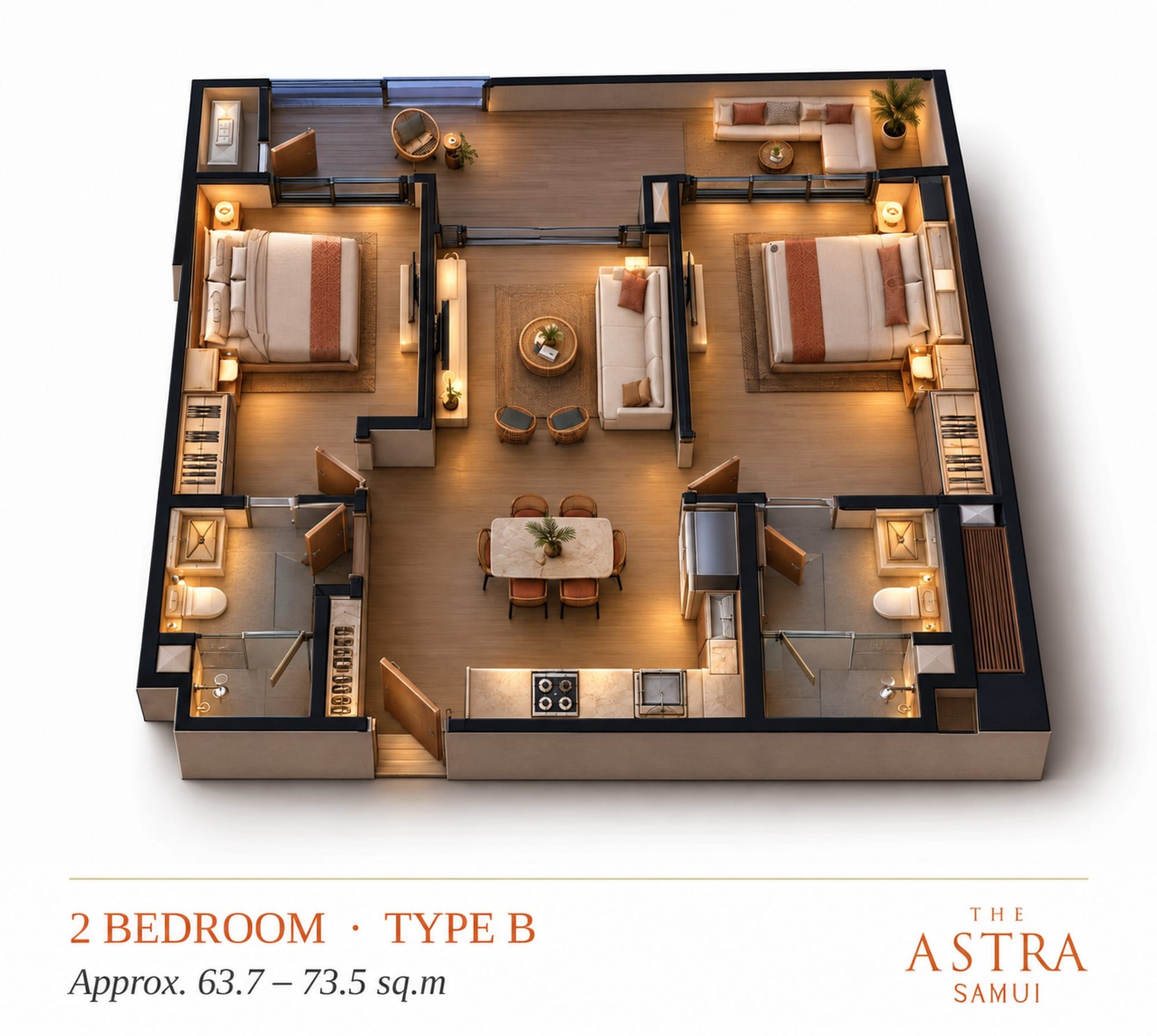 Isometric cutaway of the two-bedroom layout B, furnished: two bedrooms, living and dining area, kitchen and wide balcony, visualisation