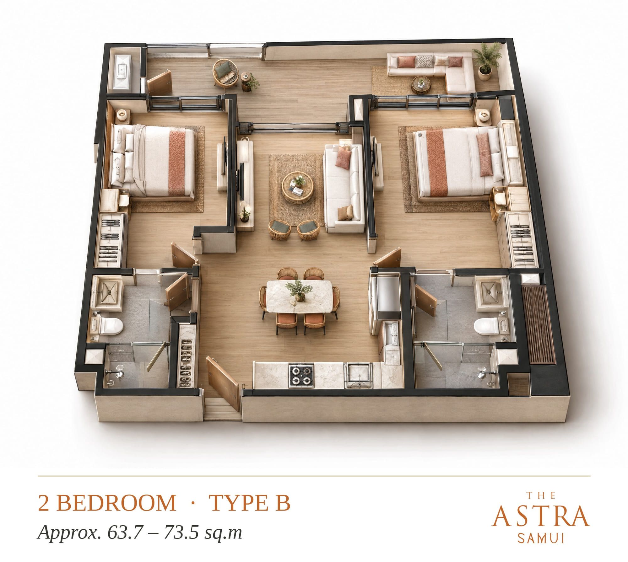 Isometric cutaway of the two-bedroom layout B, furnished: two bedrooms, living and dining area, kitchen and wide balcony, visualisation