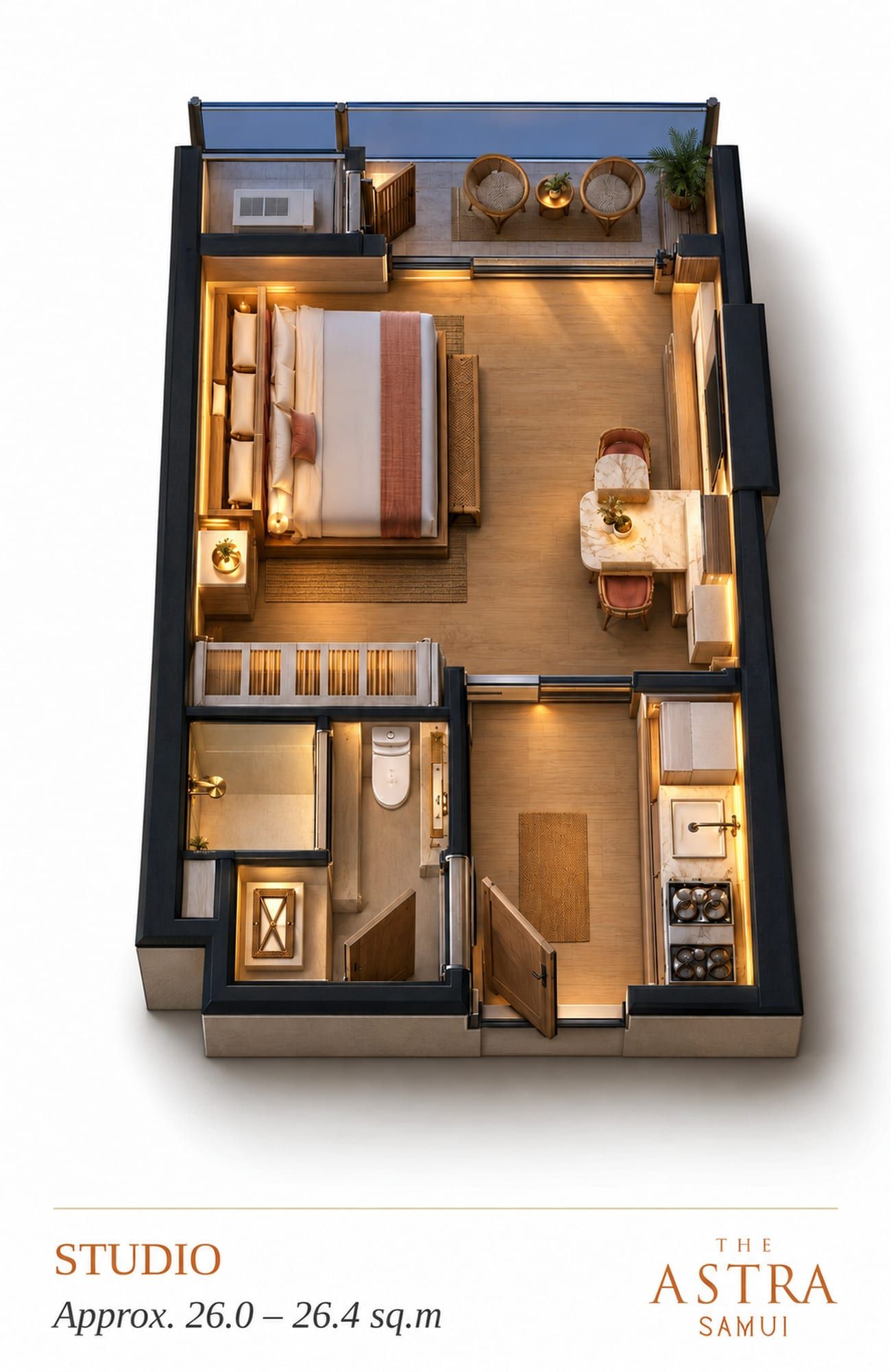 Isometric cutaway of the furnished studio: bed, dining nook, bathroom, kitchenette and balcony with two chairs, visualisation