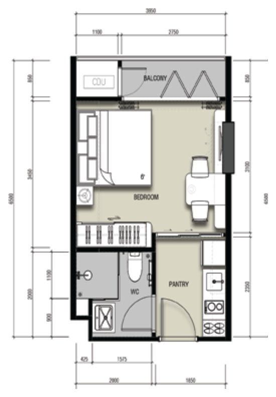 Studio floor plan: one open bedroom and living space with dining table, entrance pantry kitchen, WC and balcony