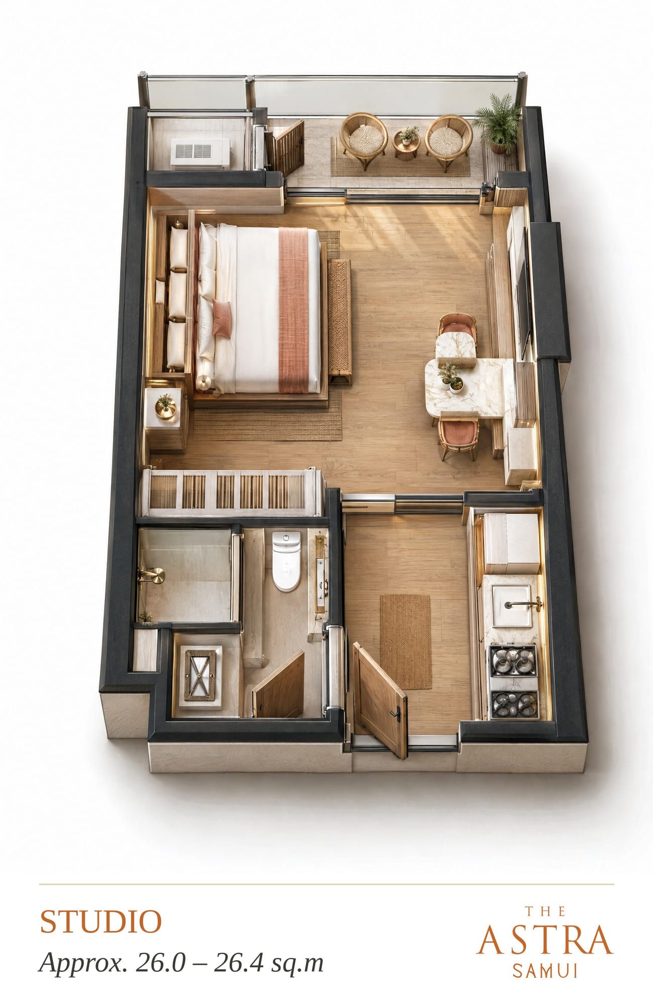 Isometric cutaway of the furnished studio: bed, dining nook, bathroom, kitchenette and balcony with two chairs, visualisation