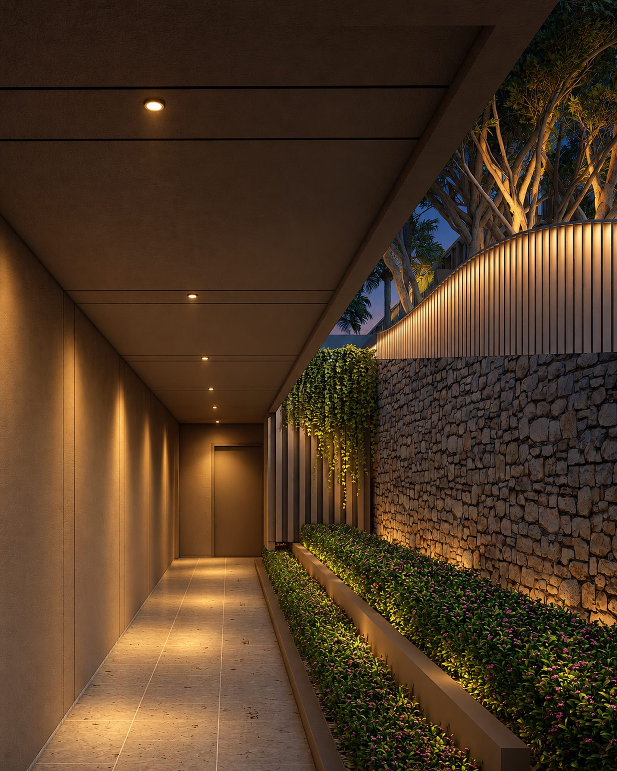 Covered walkway with a planted bed, a stone wall and a door at the far end, visualisation