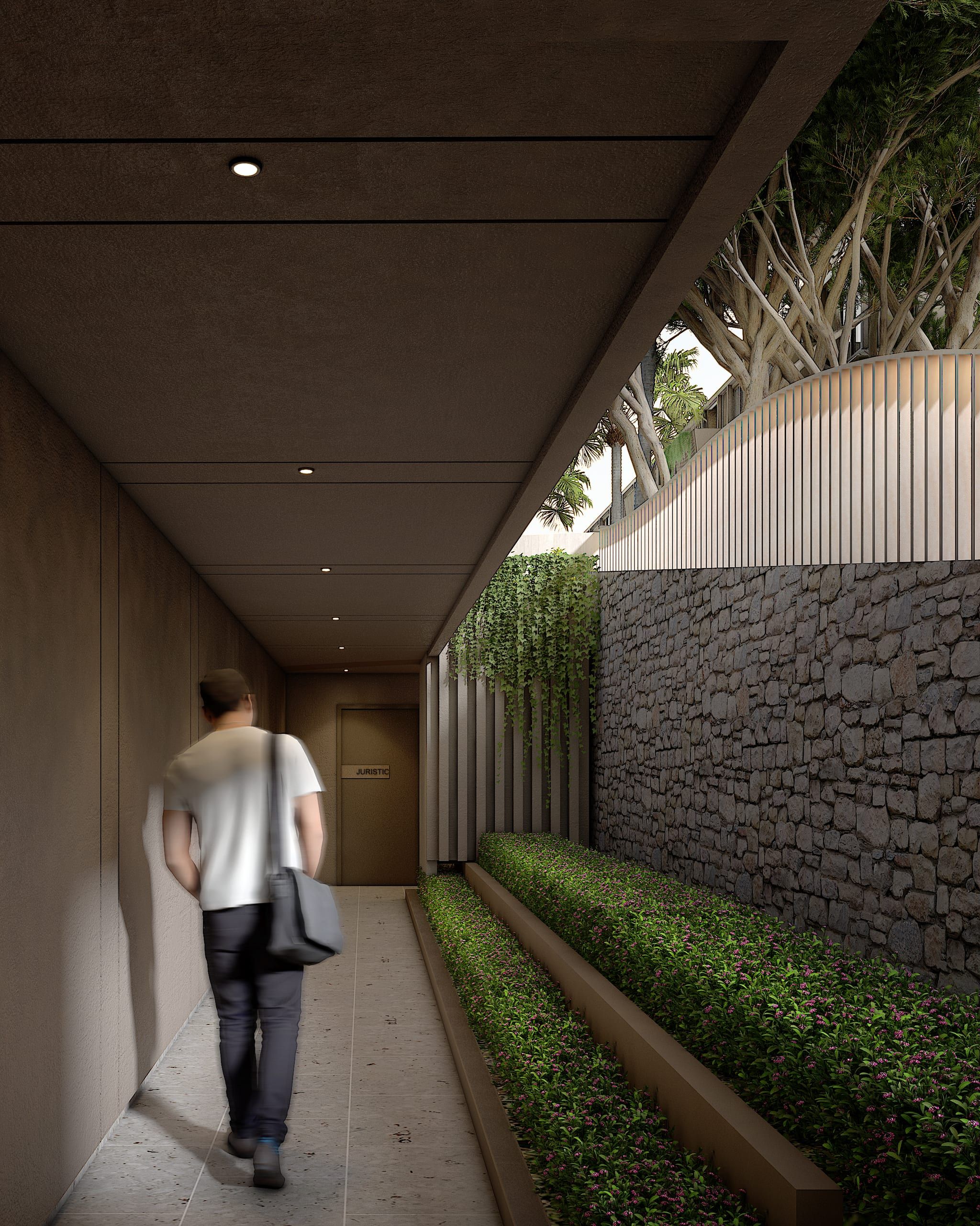 Covered walkway with a person carrying a shoulder bag, a planted bed and a stone wall, visualisation