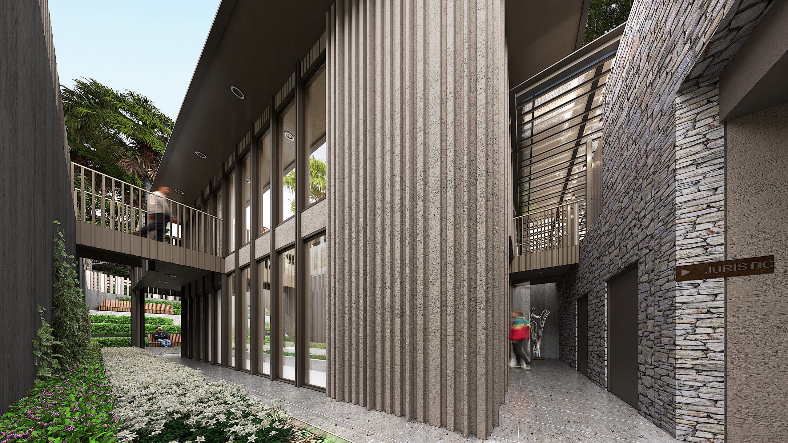 Courtyard passage with a vertical-slat feature wall, a glazed building, an upper-level bridge and a stone wall, visualisation